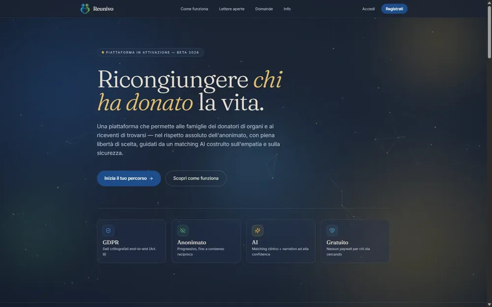 Schermata della home di Reunivo: «Ricongiungere chi ha donato la vita»