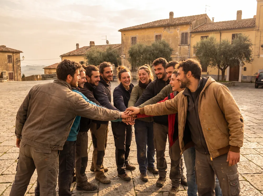 Young volunteers joining hands in a circle in a town square