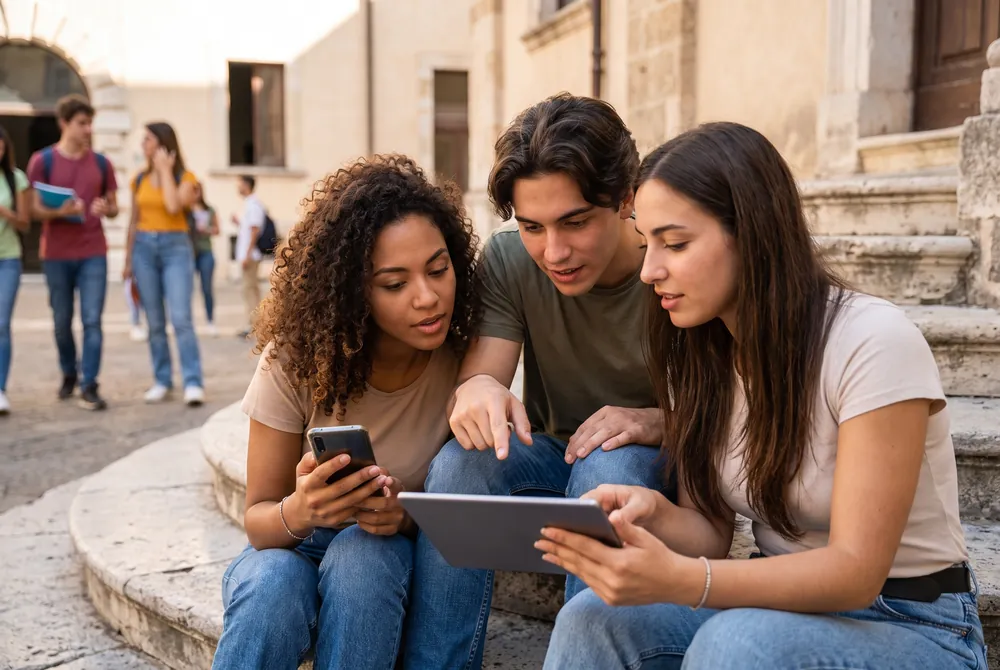Ragazzi con smartphone e tablet negli spazi del campus