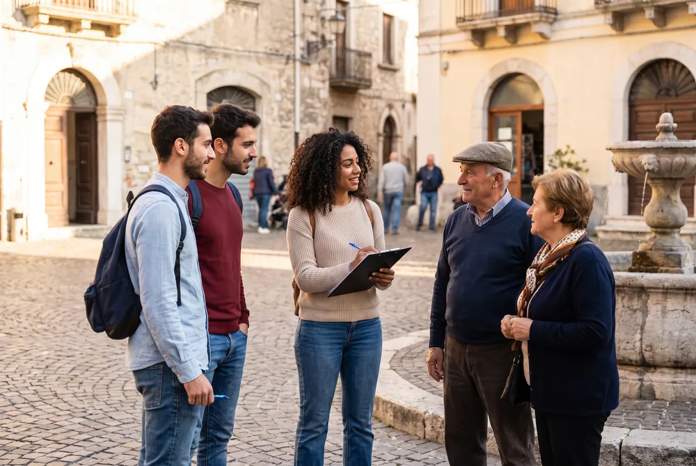 Giovani che ascoltano e intervistano i cittadini in una piazza