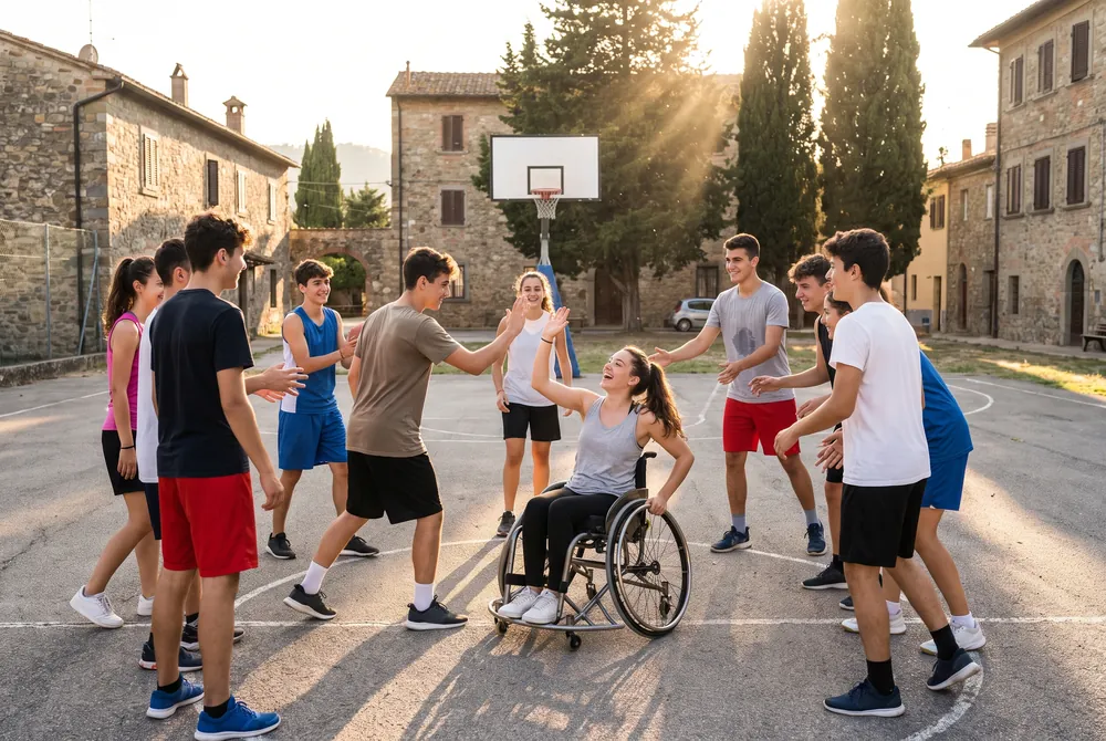 Ragazzi giocano a basket inclusivo con una atleta in carrozzina in un borgo campano