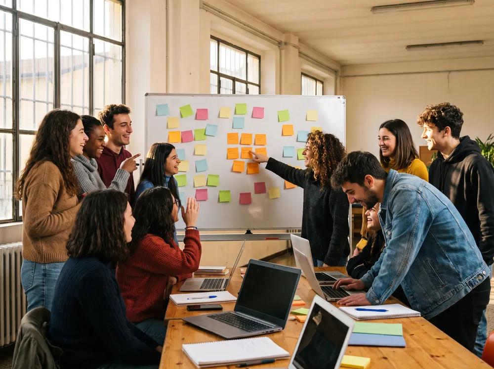 Giovani al lavoro in un laboratorio partecipativo con post-it e computer